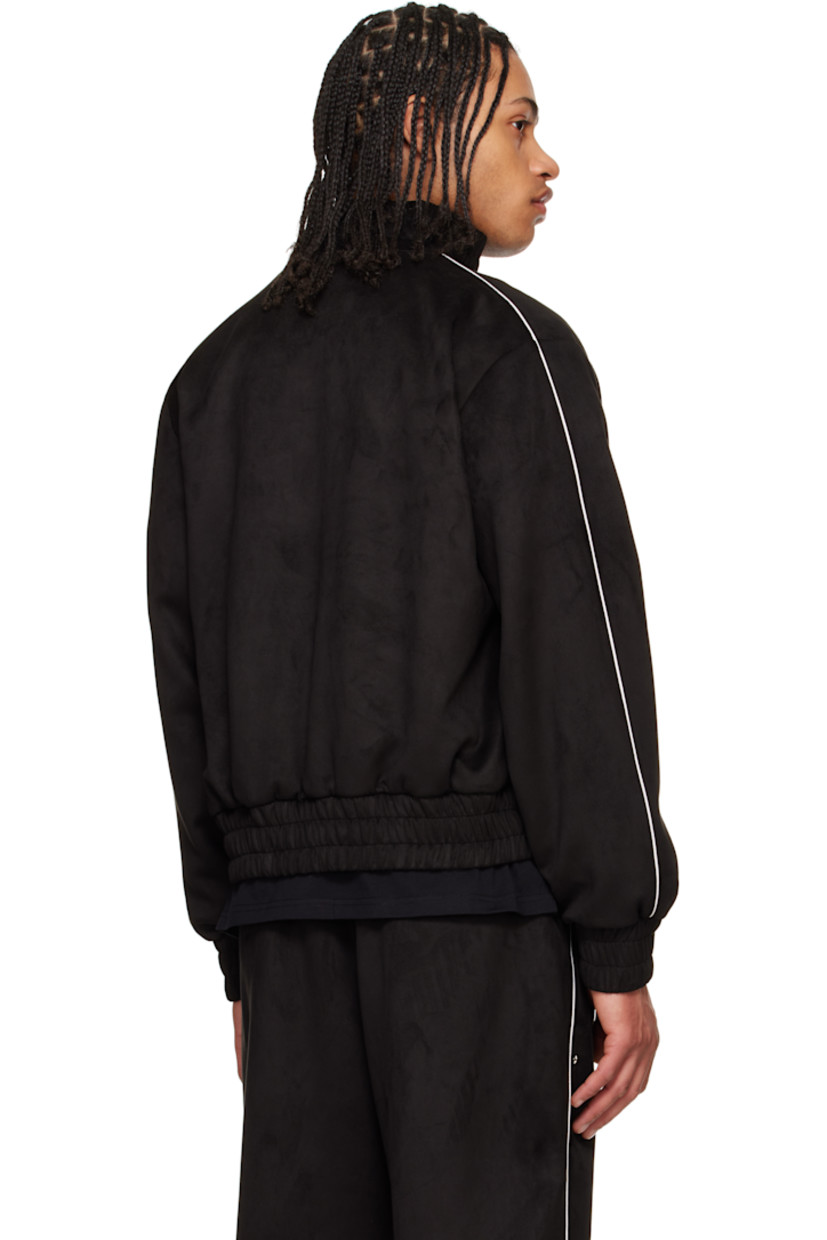 Stretch faux-suede track jacket. Piping throughout.

· Elasticized stand collar, hem, and cuffs
· Zip closure
· Studded logo at chest
· Welt pockets
· Welt pocket at interior
· Full satin lining

Supplier color: Black