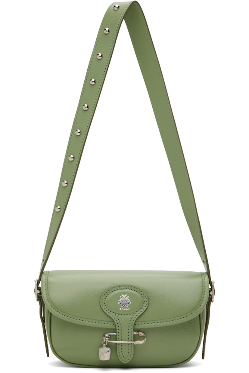 Grained buffalo leather shoulder bag in green.

· Adjustable and detachable studded shoulder strap
· Adjustable and detachable crossbody strap
· Silver-tone logo stamp at face
· Patch pocket at back face
· Safety pin and logo charm at tab-slot flap
· Magnetic closure
· Patch pocket at interior
· Faille lining
· Logo-engraved silver-tone hardware
· H5" x W7.5" x D2"

Supplier color: Oil green