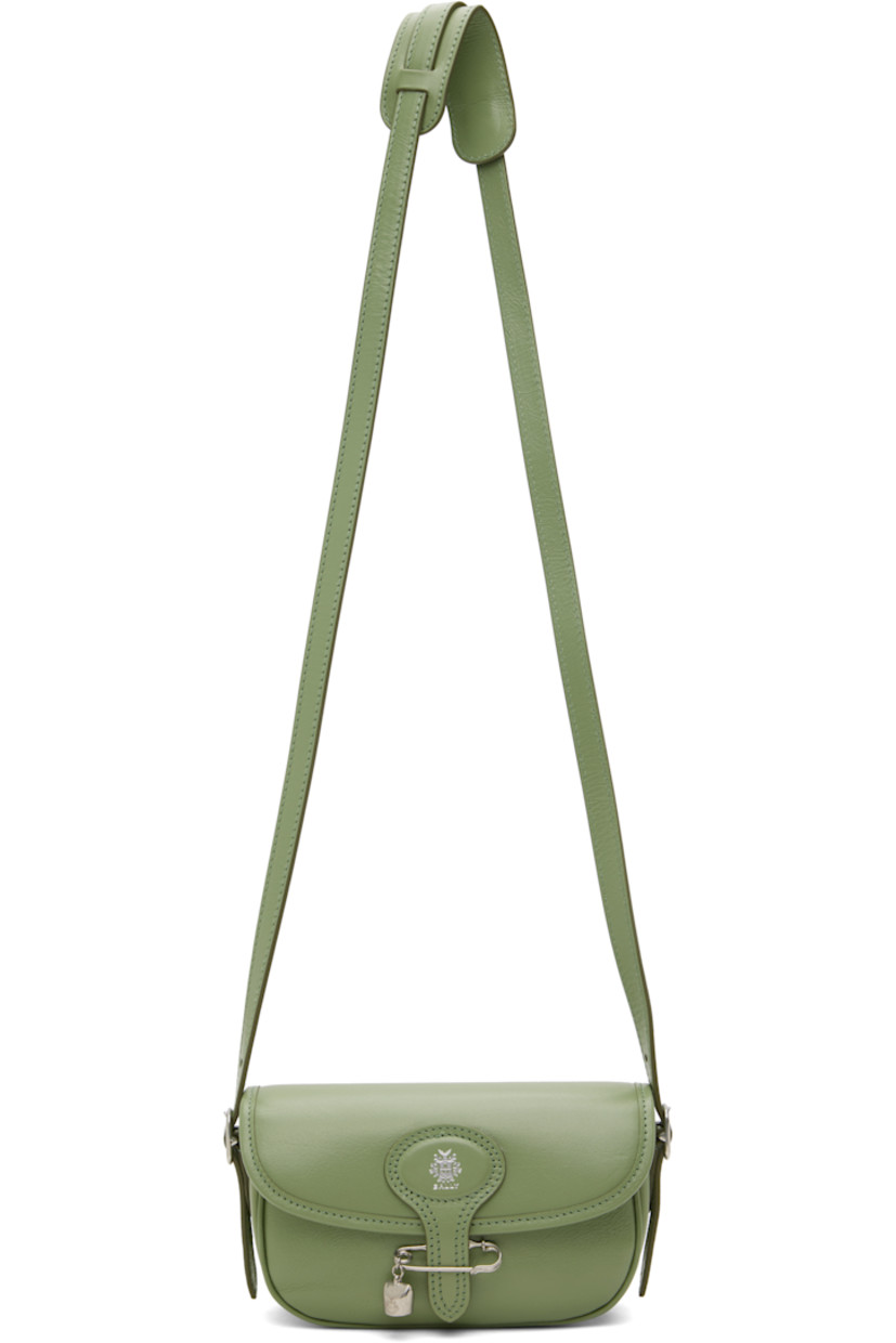 Grained buffalo leather shoulder bag in green.

· Adjustable and detachable studded shoulder strap
· Adjustable and detachable crossbody strap
· Silver-tone logo stamp at face
· Patch pocket at back face
· Safety pin and logo charm at tab-slot flap
· Magnetic closure
· Patch pocket at interior
· Faille lining
· Logo-engraved silver-tone hardware
· H5" x W7.5" x D2"

Supplier color: Oil green