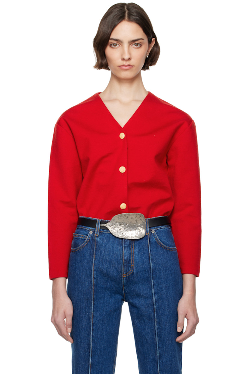 Knit stretch polyester- and wool-blend cardigan.

· Structured
· V-neck
· Button closure
· Laminated coating at interior 
 
Supplier color: Swiss red 50