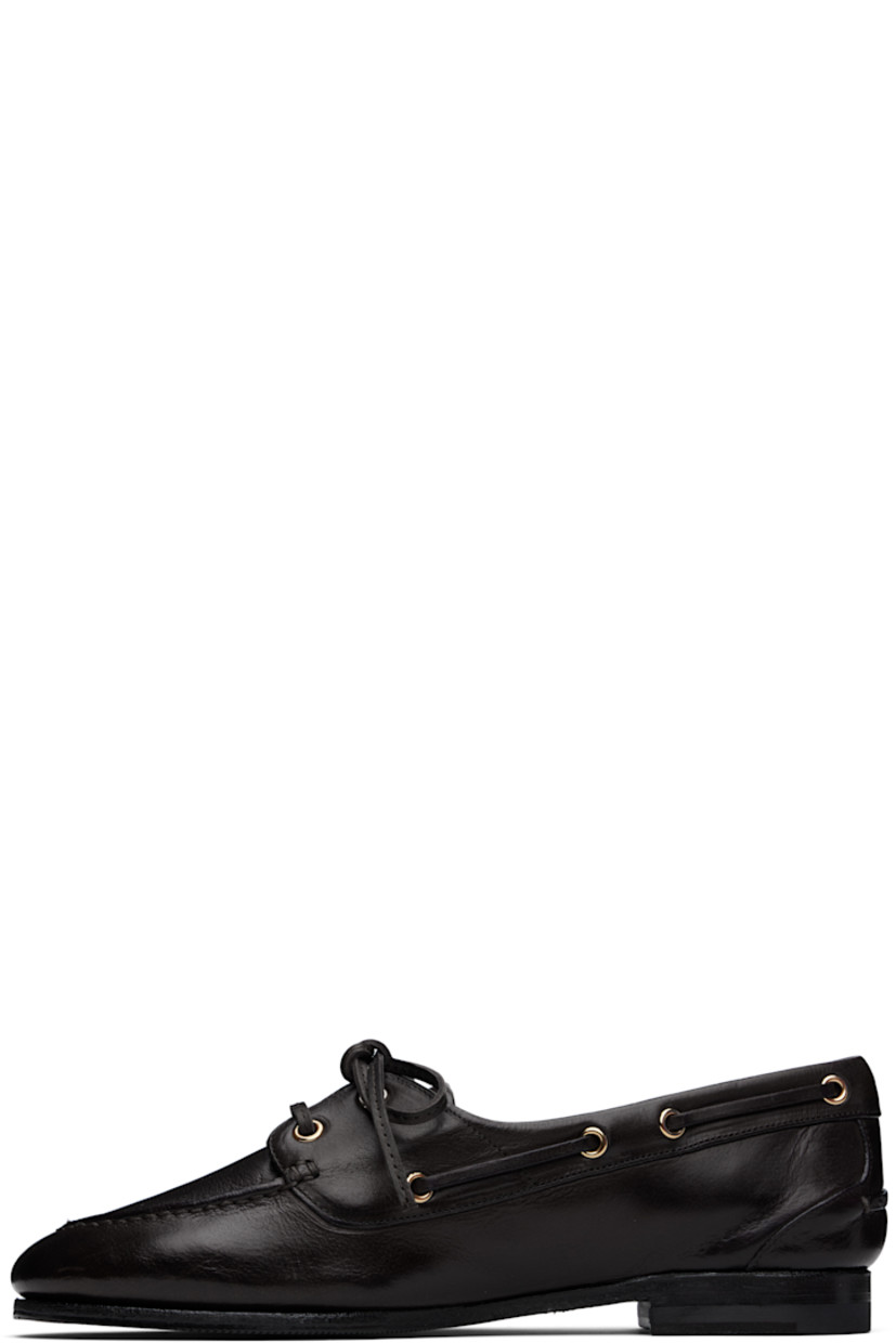 Buffed buffalo leather derbys in black.

· Almond moc toe
· Lace-up closure 
· Lace-up detailing at collar
· Logo embossed at outer side
· Pinched seam at heel counter
· Reverse Goodyear welt construction
· Buffed leather and suede lining
· Stacked leather heel with rubber injection
· Textured leather sole

Supplier color: Black