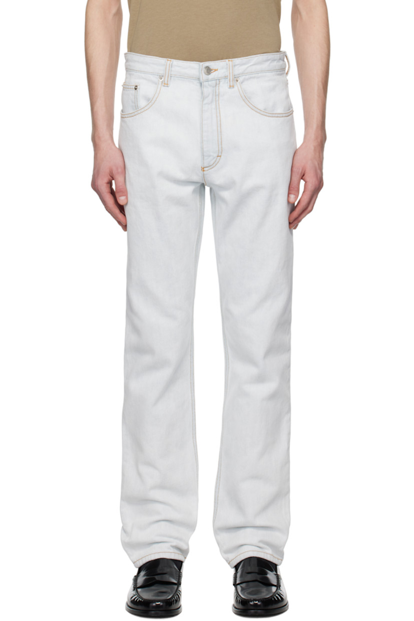 Non-stretch denim jeans. Fading throughout.

· Belt loops
· Five-pocket styling
· Zip fly
· Leather logo patch at back waistband
· Logo-engraved silver-tone hardware
· Contrast stitching in tan

Supplier color: Light blue