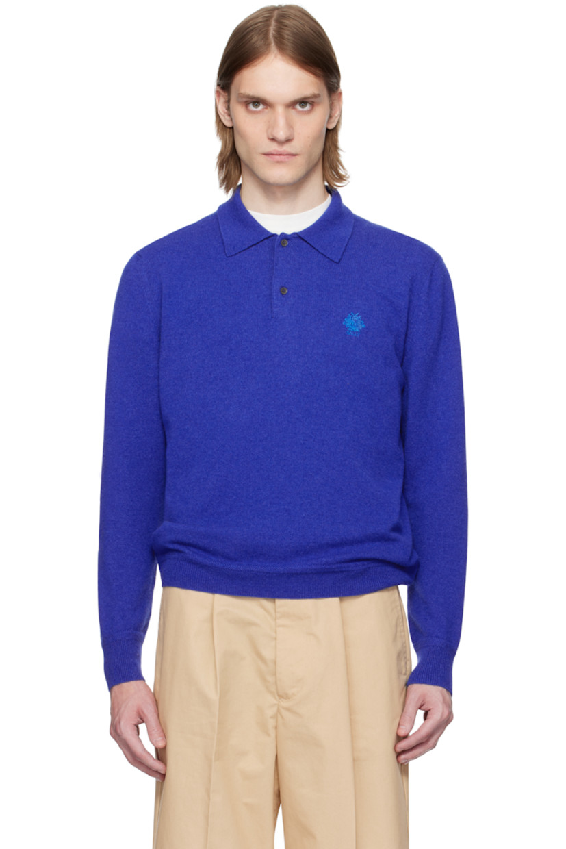 Knit cashmere polo. 

· Spread collar
· Two-button placket
· Logo embroidered at chest
· Rib-knit hem and cuffs

Supplier color: Mineral blue