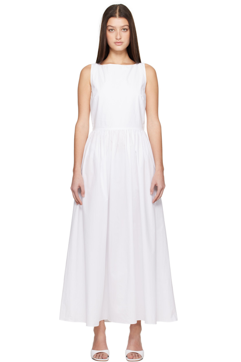Organic cotton poplin midi dress.

· Boatneck
· Gathering at waist
· Seam pockets
· Concealed zip closure at side seam
· Self-tie straps at open back
· Concealed zip closure at back
· Unlined

Supplier color: White