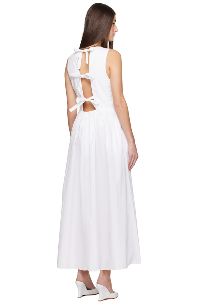 Organic cotton poplin midi dress.

· Boatneck
· Gathering at waist
· Seam pockets
· Concealed zip closure at side seam
· Self-tie straps at open back
· Concealed zip closure at back
· Unlined

Supplier color: White