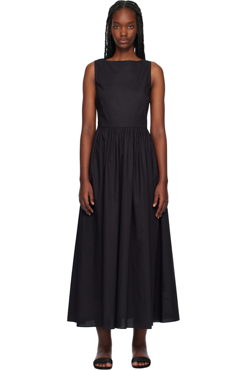 Organic cotton poplin midi dress.

�· Boat neck 
· Gathering at waist
· Seam pockets
· Concealed zip closure at side seam
· Self-tie straps at open back
· Concealed zip closure at back 
· Unlined

Supplier color: Black