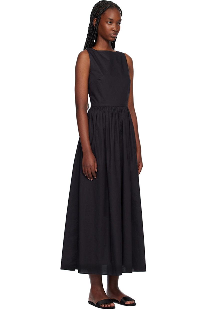 Organic cotton poplin midi dress.

· Boat neck 
· Gathering at waist
· Seam pockets
· Concealed zip closure at side seam
· Self-tie straps at open back
· Concealed zip closure at back 
· Unlined

Supplier color: Black