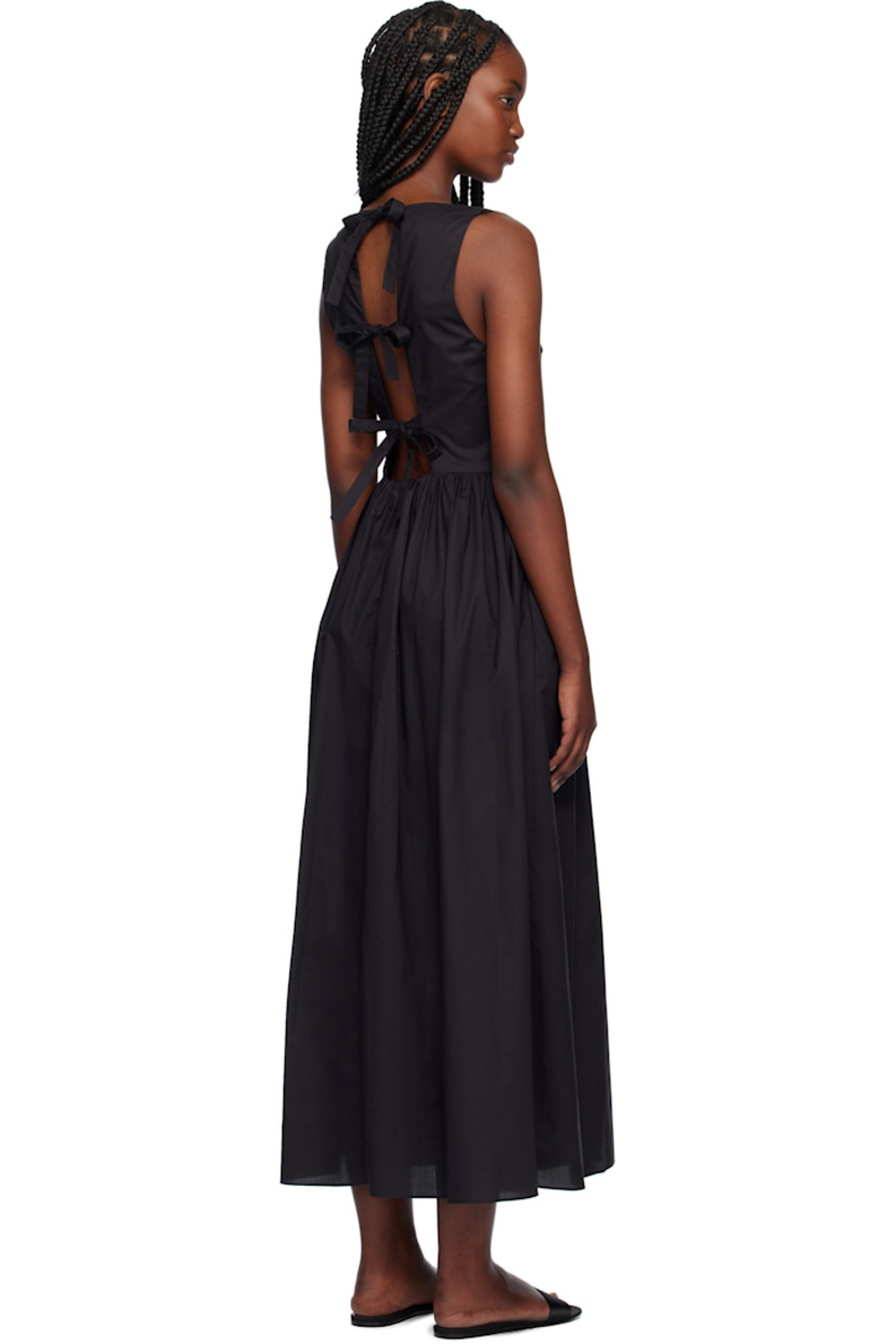 Organic cotton poplin midi dress.

· Boat neck 
· Gathering at waist
· Seam pockets
· Concealed zip closure at side seam
· Self-tie straps at open back
· Concealed zip closure at back 
· Unlined

Supplier color: Black