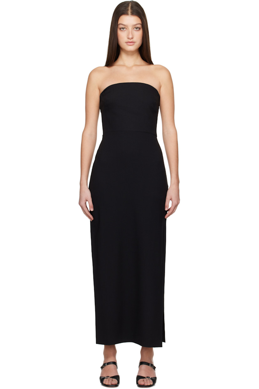 Lightweight stretch wool crêpe maxi dress. 

· Elasticized straight neck
· Darts at chest 
· Concealed zip closure at side seam 
· Vented side seam 

Supplier color: Black