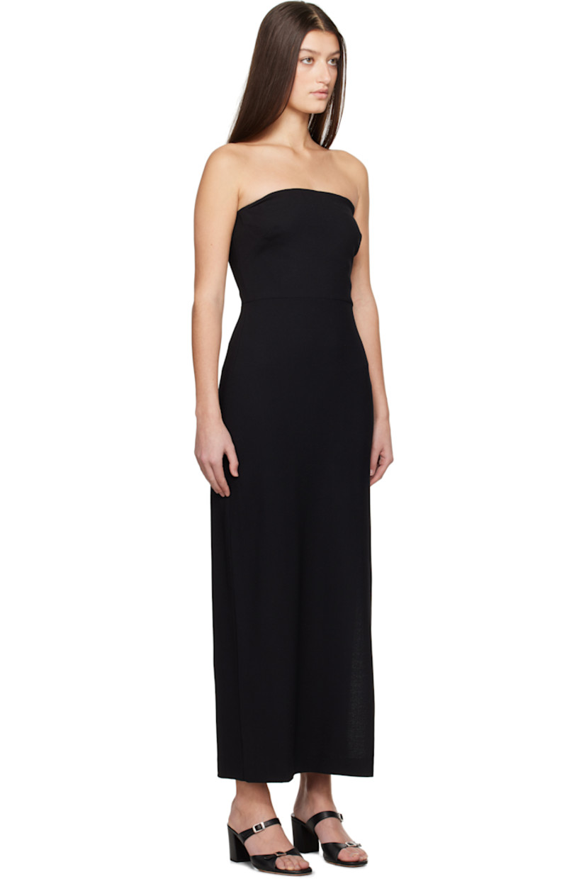 Lightweight stretch wool crêpe maxi dress. 

· Elasticized straight neck
· Darts at chest 
· Concealed zip closure at side seam 
· Vented side seam 

Supplier color: Black