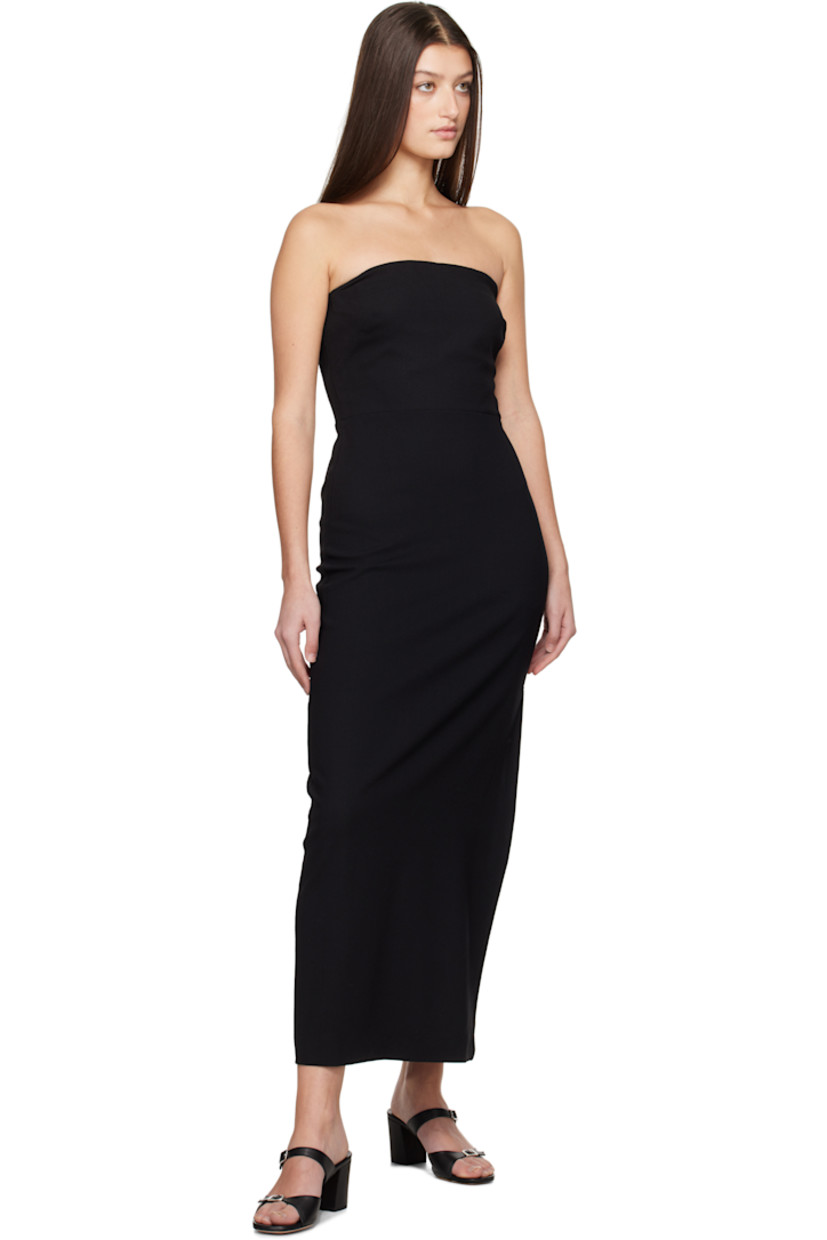 Lightweight stretch wool crêpe maxi dress. 

· Elasticized straight neck
· Darts at chest 
· Concealed zip closure at side seam 
· Vented side seam 

Supplier color: Black