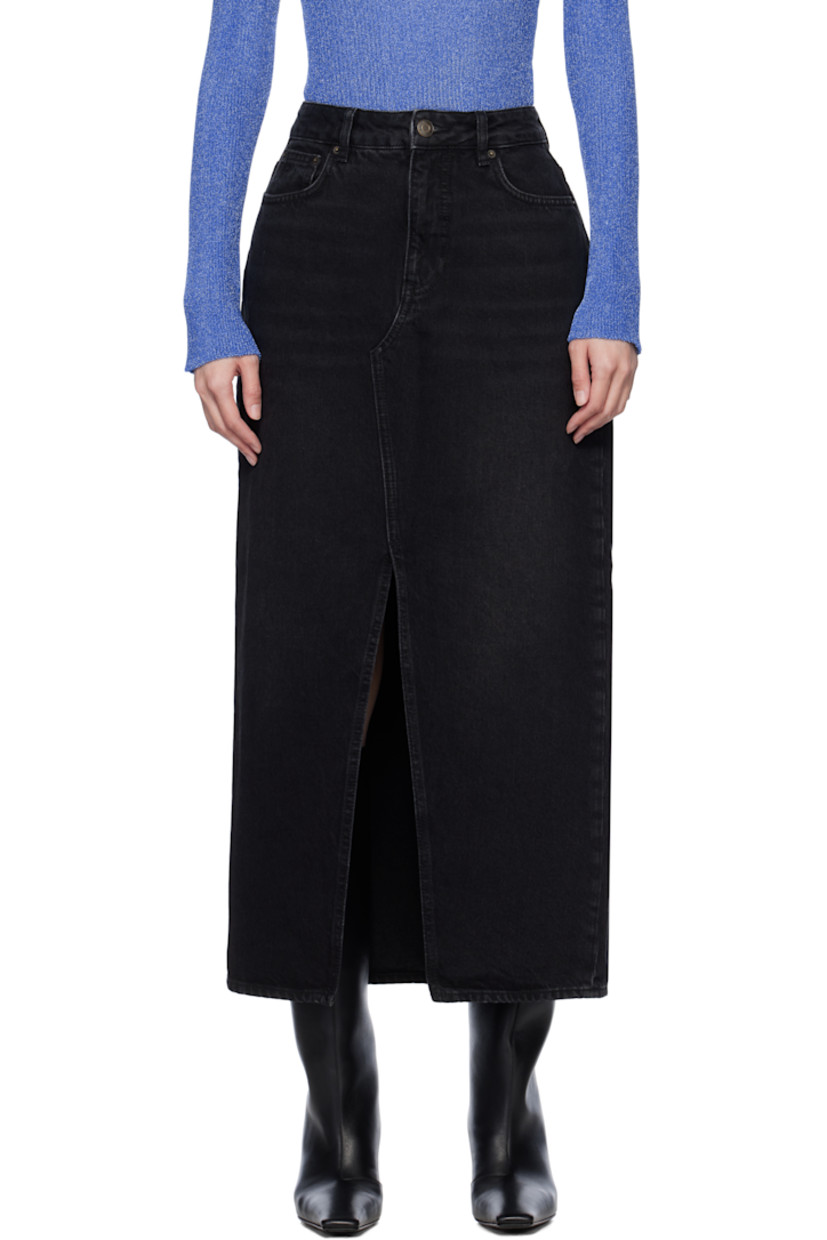 Non-stretch denim maxi skirt. Fading throughout. 

· High-rise 
· Belt loops 
· Five-pocket styling 
· Zip-fly 
· Central vent at front hem 
· Leather logo patch at back waistband 

Supplier color: Black
