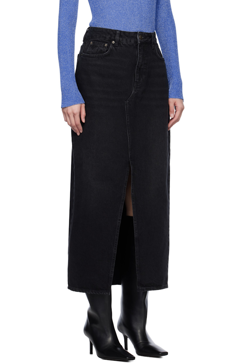 Non-stretch denim maxi skirt. Fading throughout. 

· High-rise 
· Belt loops 
· Five-pocket styling 
· Zip-fly 
· Central vent at front hem 
· Leather logo patch at back waistband 

Supplier color: Black