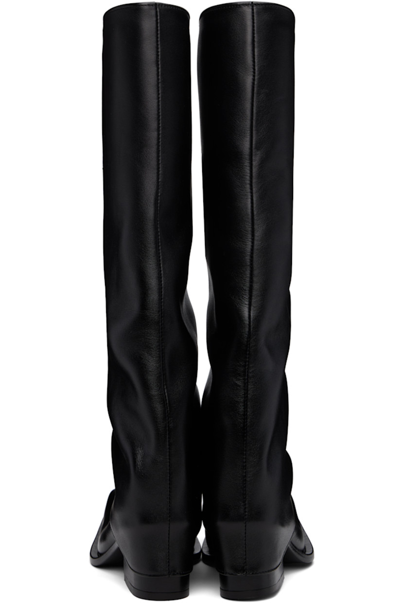 Handcrafted knee-high grained leather boots in black.

· Square toe
· Foldover leather collar
· Concealed zip closure at inner side 
· Buffed leather lining
· Stacked block heel with rubber injection
· Leather sole
· Heel: H2.25"

Supplier color: Black