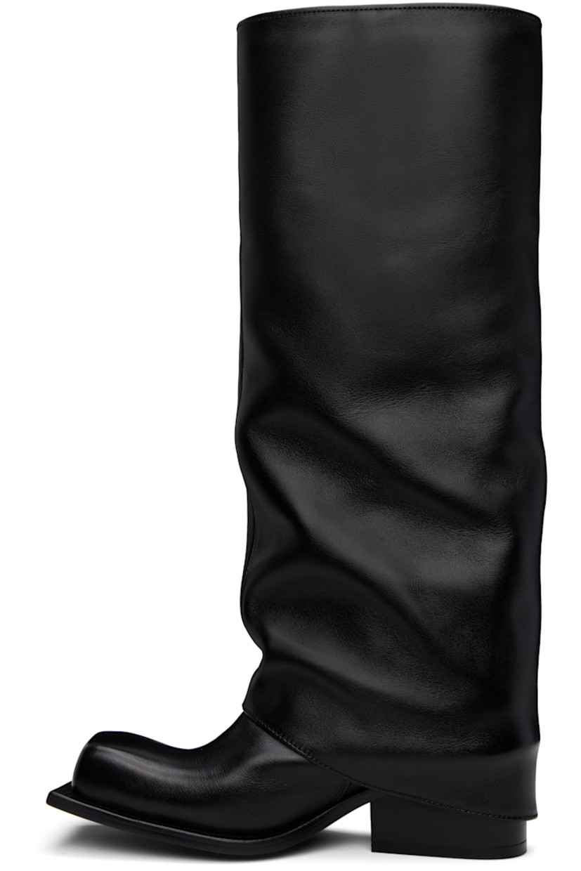 Handcrafted knee-high grained leather boots in black.

· Square toe
· Foldover leather collar
· Concealed zip closure at inner side 
· Buffed leather lining
· Stacked block heel with rubber injection
· Leather sole
· Heel: H2.25"

Supplier color: Black