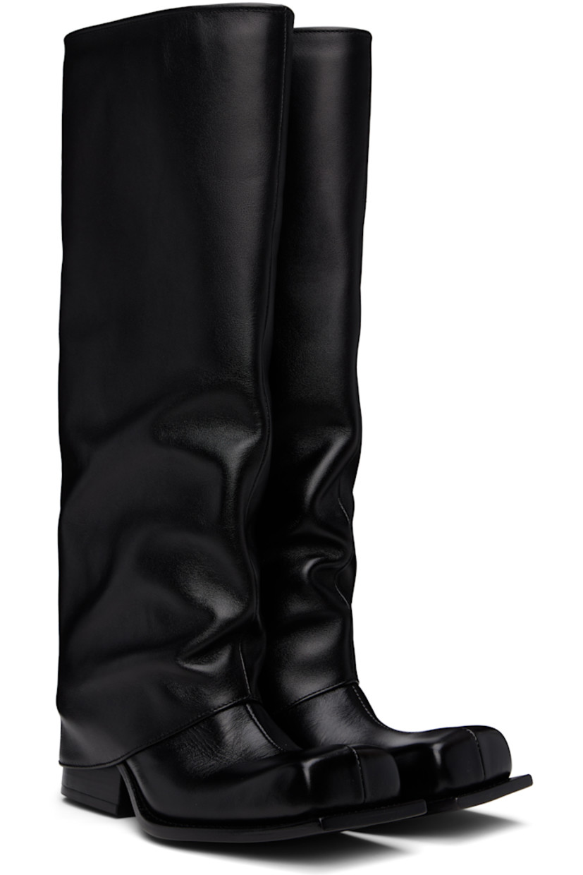 Handcrafted knee-high grained leather boots in black.

· Square toe
· Foldover leather collar
· Concealed zip closure at inner side 
· Buffed leather lining
· Stacked block heel with rubber injection
· Leather sole
· Heel: H2.25"

Supplier color: Black