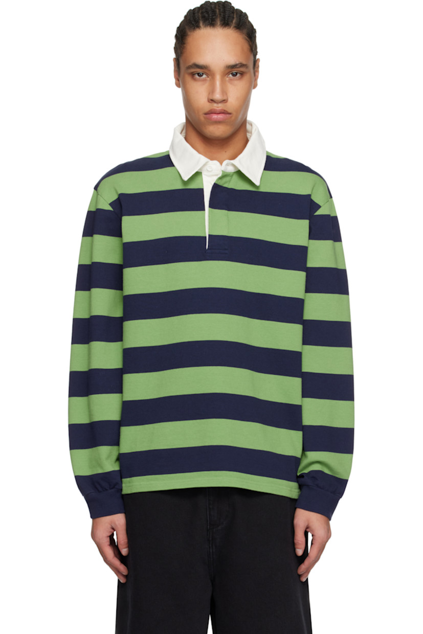 300 gsm cotton jersey polo. Stripes throughout.

· Twill spread collar
· Concealed four-button placket
�· Rib-knit cuffs

Supplier color: Green/Blue
