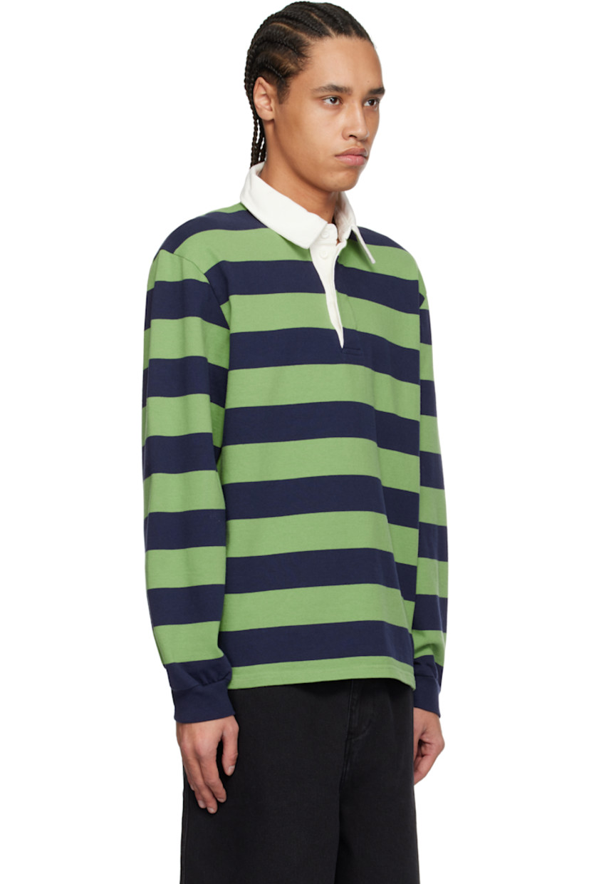 300 gsm cotton jersey polo. Stripes throughout.

· Twill spread collar
· Concealed four-button placket
· Rib-knit cuffs

Supplier color: Green/Blue