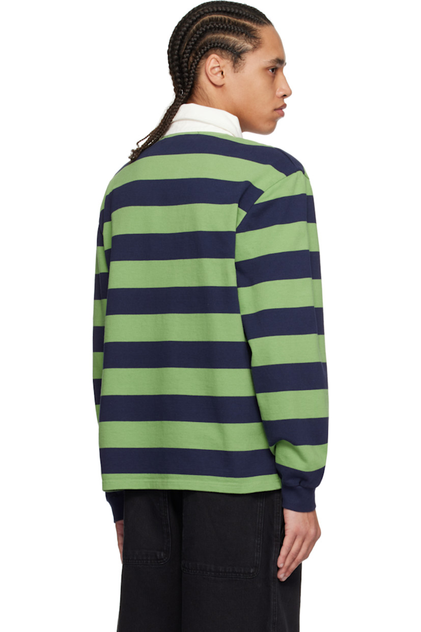 300 gsm cotton jersey polo. Stripes throughout.

· Twill spread collar
· Concealed four-button placket
· Rib-knit cuffs

Supplier color: Green/Blue