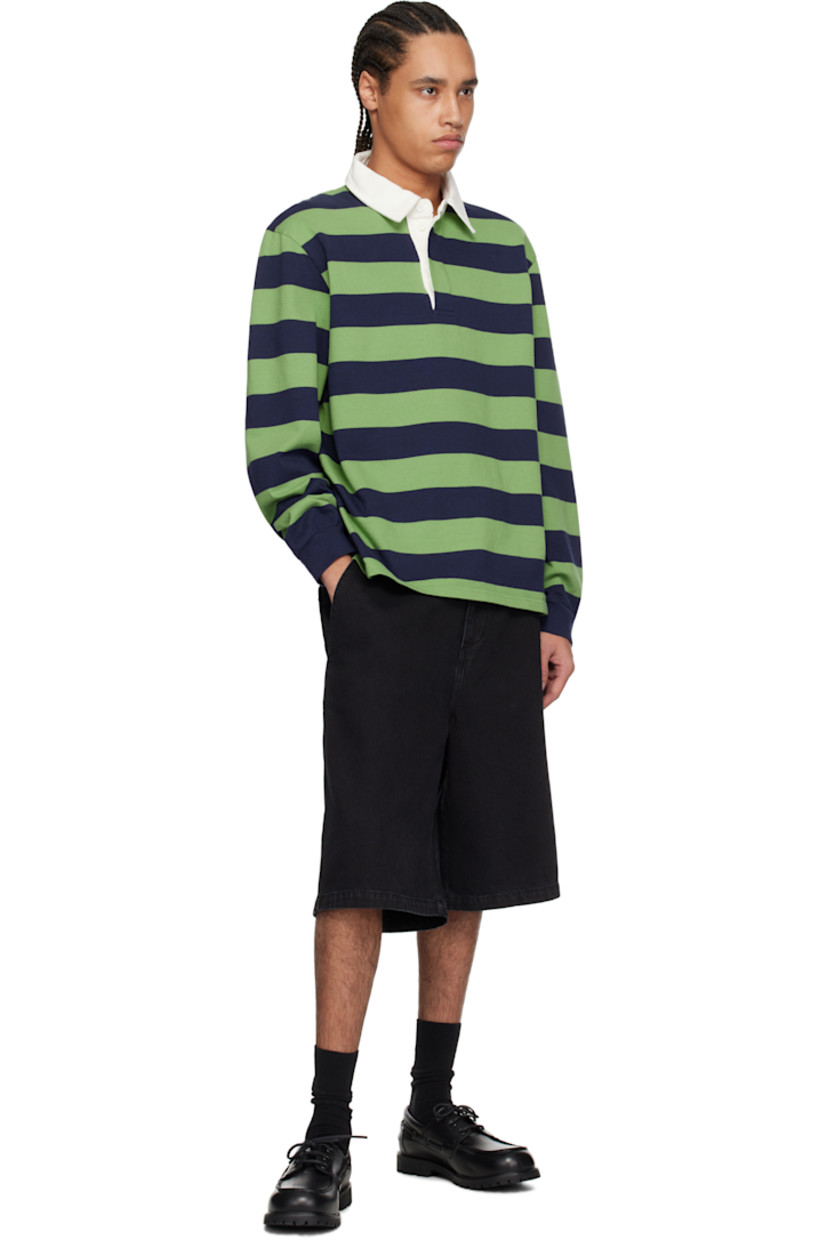 300 gsm cotton jersey polo. Stripes throughout.

· Twill spread collar
· Concealed four-button placket
· Rib-knit cuffs

Supplier color: Green/Blue