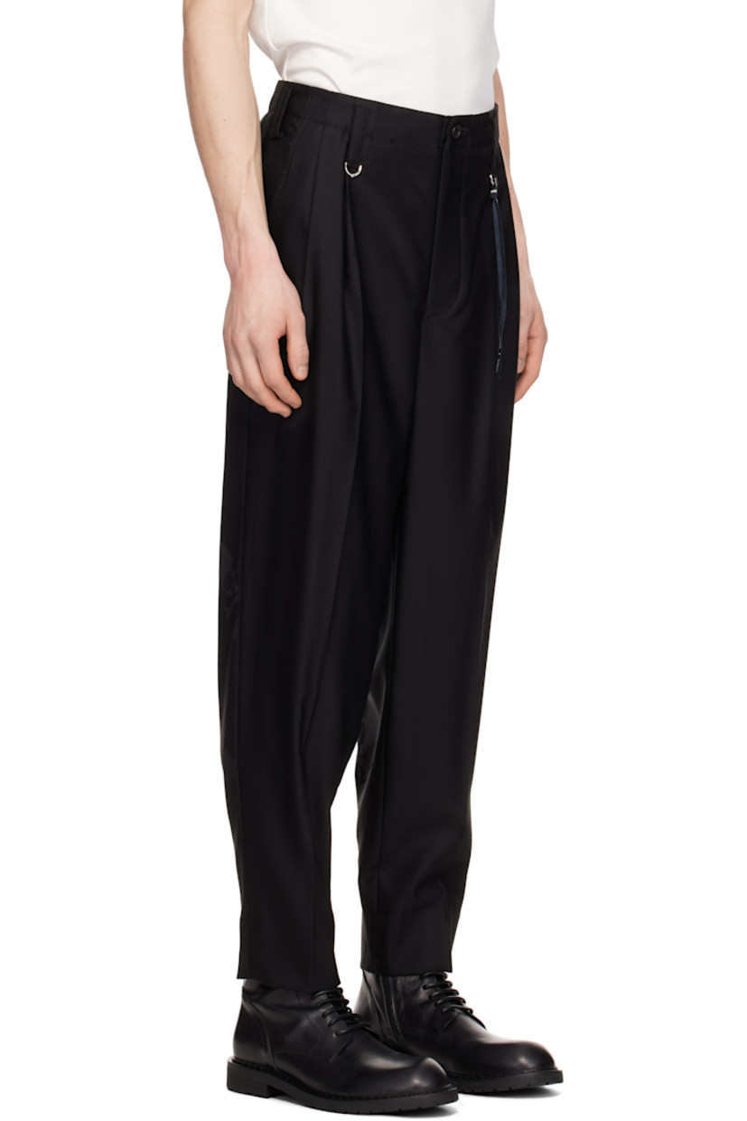Plain-woven wool trousers. 

· D-rings at belt loops
· Detachable logo-printed leather strap at belt loop
· Four-pocket styling
· Zip fly
· Pleats at front 
· Creased legs
· Jacquard logo pattern at back 
· Partially lined

Supplier color: Black