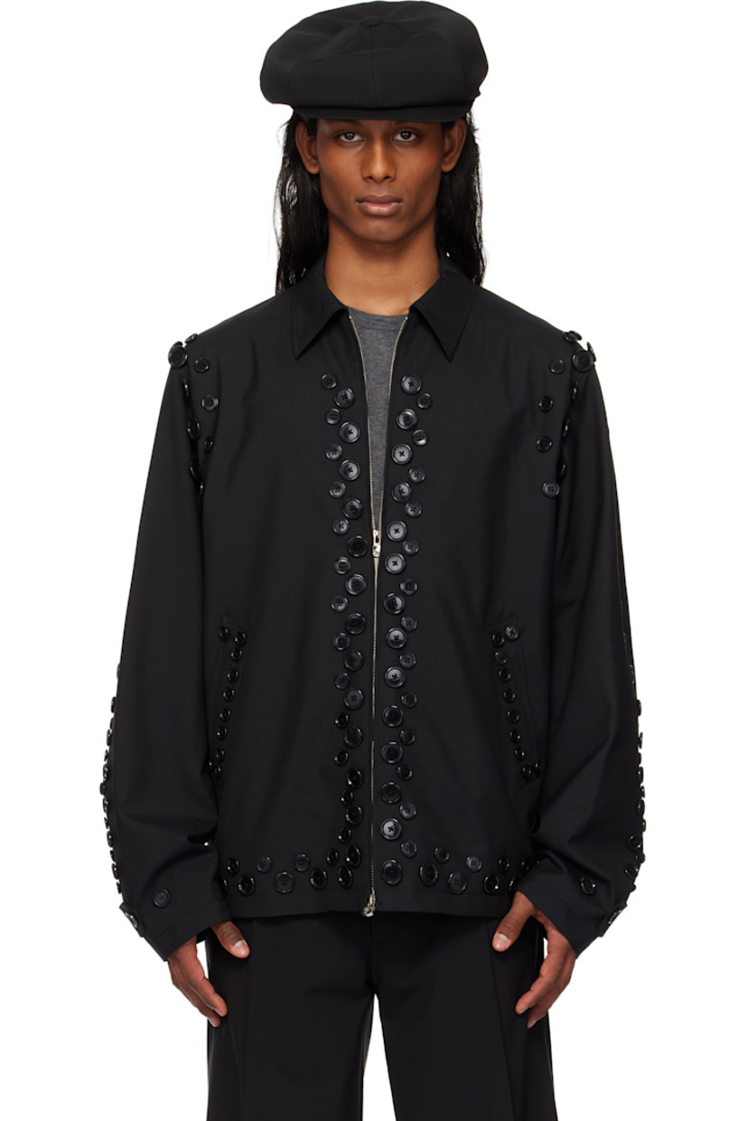 Wool barathea jacket. Button hardware throughout.

· Spread collar
· Two-way zip closure
· Welt pockets
· Adjustable button tab at cuffs and back hem
· Welt pockets at interior
· Full satin twill lining
· Logo-engraved silver-tone hardware

Supplier color: Black