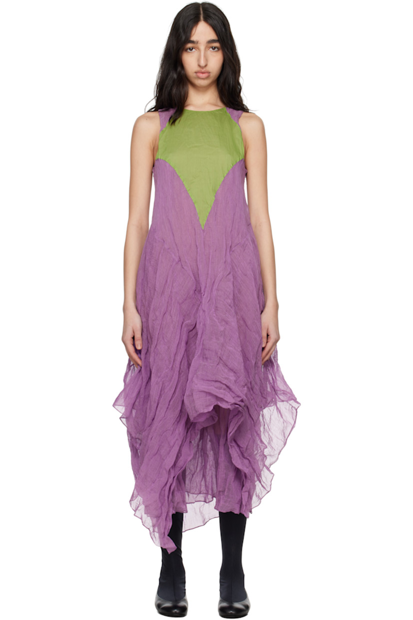 Crinkled cotton voile and silk organza maxi dress. Metallic threads throughout.

· Paneled construction
· Round neck 
· Asymmetrical hem
· Concealed zip closure at back
· Fully lined

Supplier color: Lilac/Kelly green