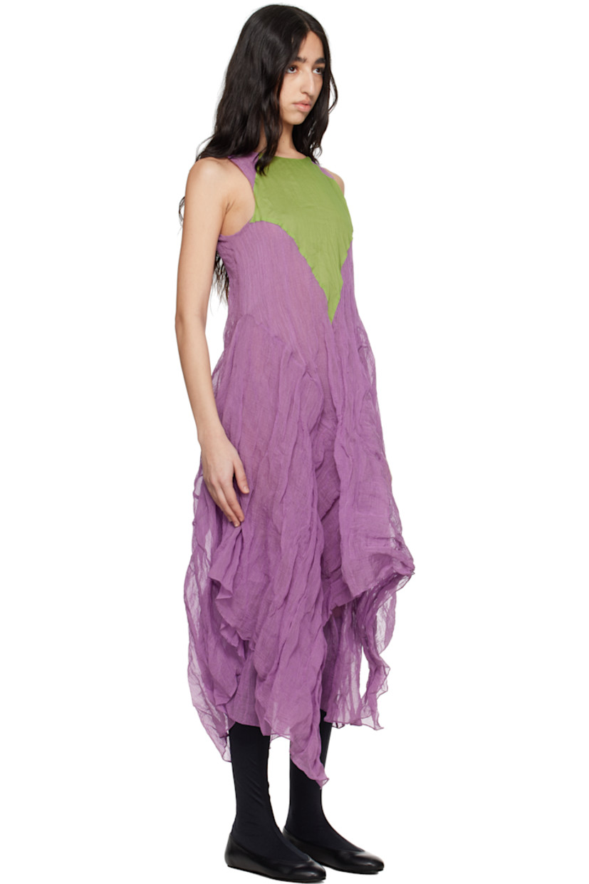 Crinkled cotton voile and silk organza maxi dress. Metallic threads throughout.

· Paneled construction
· Round neck 
· Asymmetrical hem
· Concealed zip closure at back
· Fully lined

Supplier color: Lilac/Kelly green