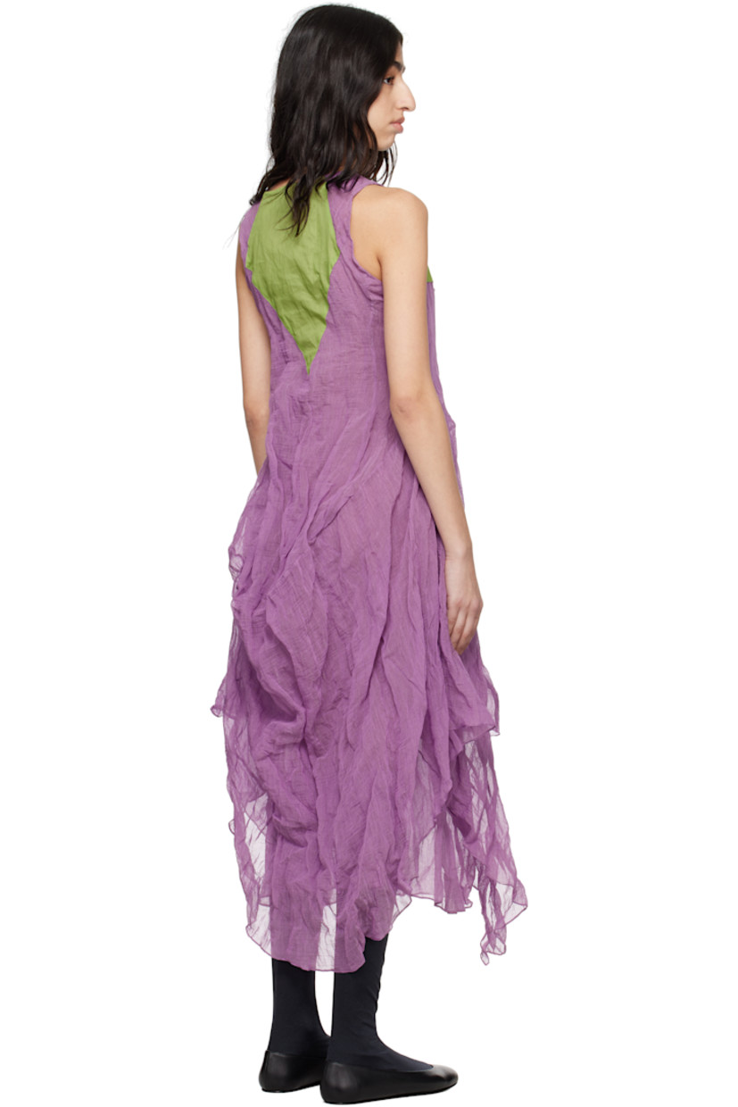 Crinkled cotton voile and silk organza maxi dress. Metallic threads throughout.

· Paneled construction
· Round neck 
· Asymmetrical hem
· Concealed zip closure at back
· Fully lined

Supplier color: Lilac/Kelly green