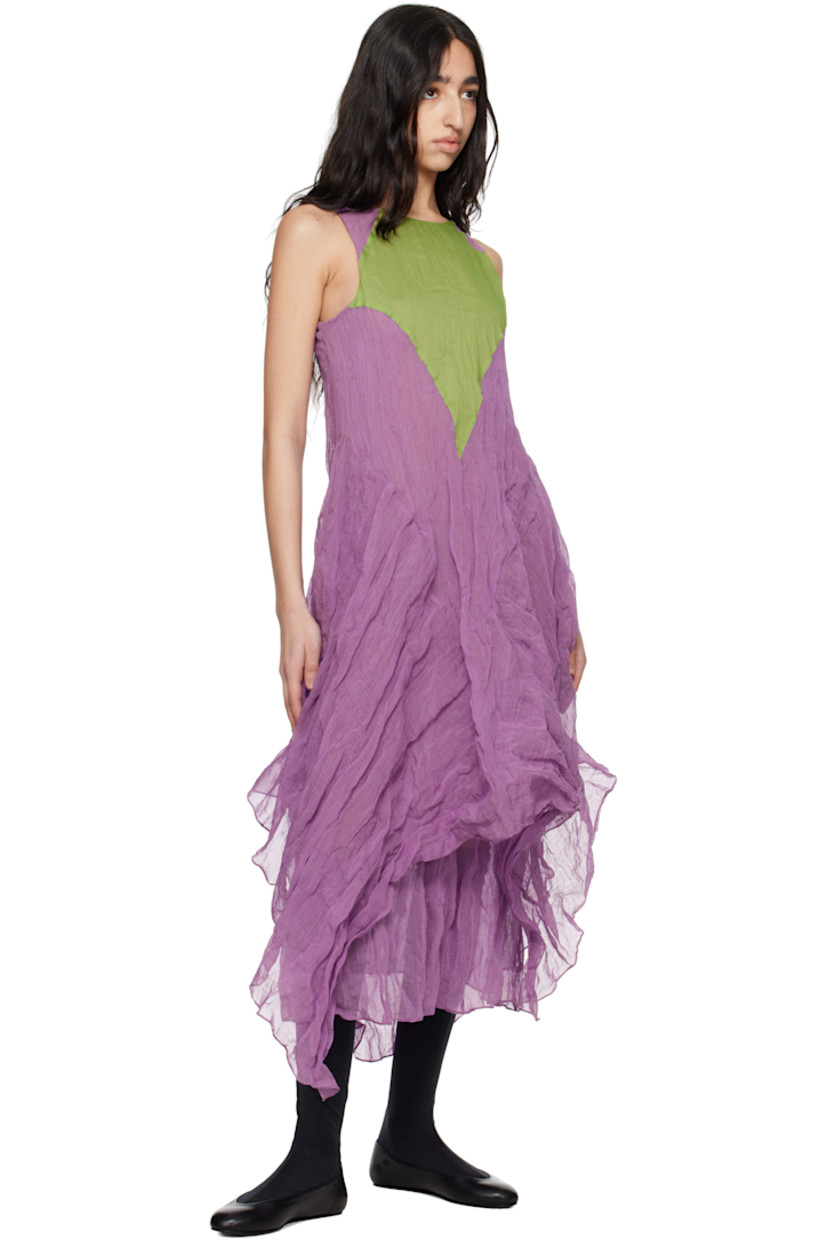 Crinkled cotton voile and silk organza maxi dress. Metallic threads throughout.

· Paneled construction
· Round neck 
· Asymmetrical hem
· Concealed zip closure at back
· Fully lined

Supplier color: Lilac/Kelly green
