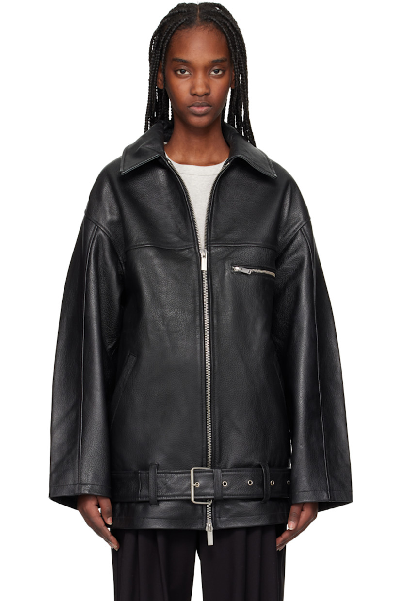 Oversized LWG-certified grained lambskin jacket.

· Paneled construction
· Spread collar
· Two-way zip closure
· Zip pocket at chest
· Welt pockets
· Detachable pin-buckle belt at hem
· Dropped shoulders
· Full satin lining

Supplier color: Black