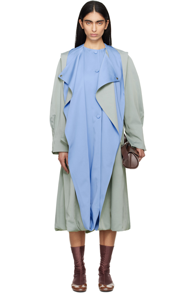 Viscose- and cotton-blend satin twill trench coat.

· Integrated scarf-style hood
· Open front with press-stud fastening at collar
· Welt pockets
· Raglan sleeves
· Pleats at cuffs
· Bubble hem 
· Inverted box pleat at back 

Supplier color: Sage green/Azure blue