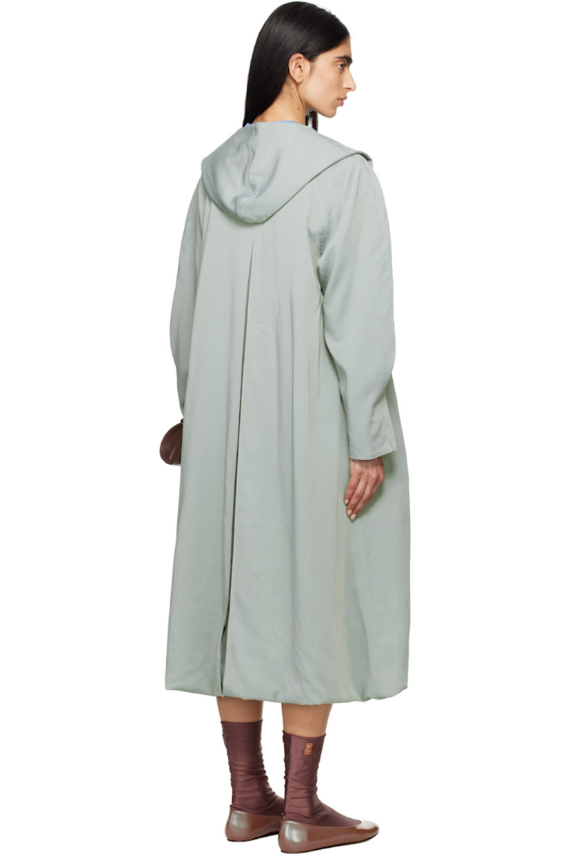 Viscose- and cotton-blend satin twill trench coat.

· Integrated scarf-style hood
· Open front with press-stud fastening at collar
· Welt pockets
· Raglan sleeves
· Pleats at cuffs
· Bubble hem 
· Inverted box pleat at back 

Supplier color: Sage green/Azure blue