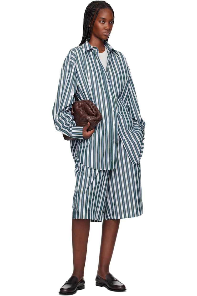 Wide-leg cotton poplin shorts. Striped pattern throughout. 

· Concealed drawstring at elasticized waistband 
· Three-pocket styling
· Mock fly
· Flap pocket at outseam

Supplier color: Striped green