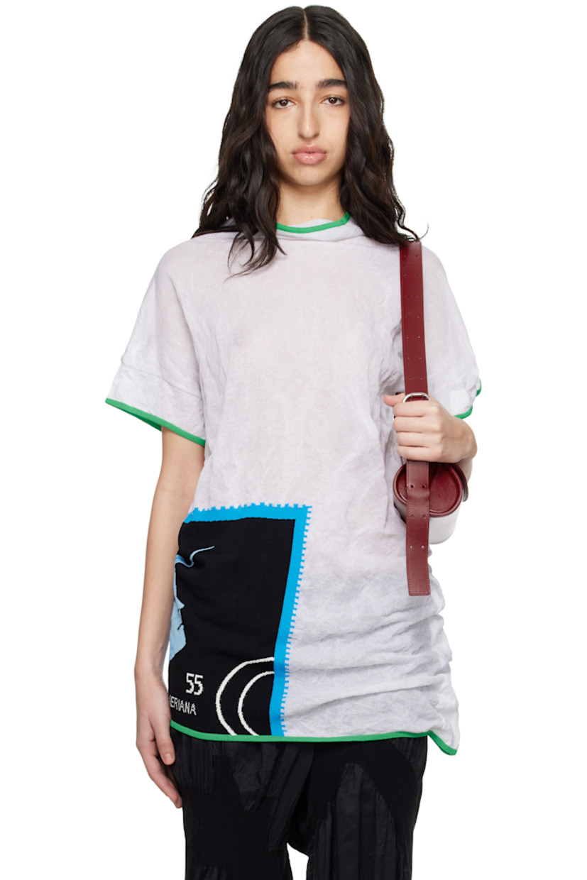Semi-sheer and crinkled knit cotton-blend T-shirt. Metallic thread detailing throughout.

· Asymmetrical construction
· Rib-knit trim at mock neck, hem, and cuffs
· Intarsia graphic at front
· Dropped shoulder
· Cap sleeves

Supplier color: Star white/Night scape intarsia