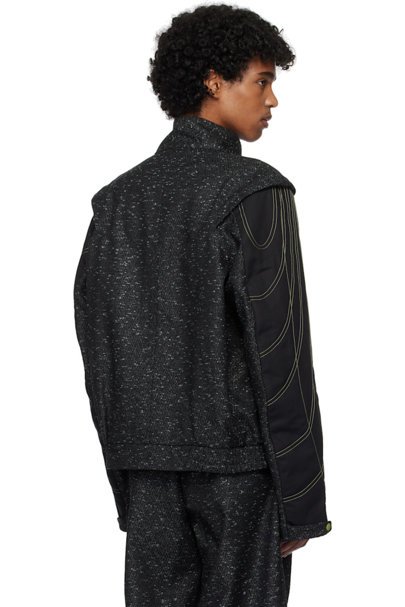 Virgin wool-blend tweed and lyocell-blend barathea jacket.

· Paneled construction
· Press-stud tab at stand collar
· Concealed zip closure
· Striped grosgrain trim at placket and welt pockets
· Elasticized hem
· Pleat at shoulders
· Press-stud tab at cuffs
· Full satin lining
· Contrast stitching in green

Supplier color: Ash black/Black sable