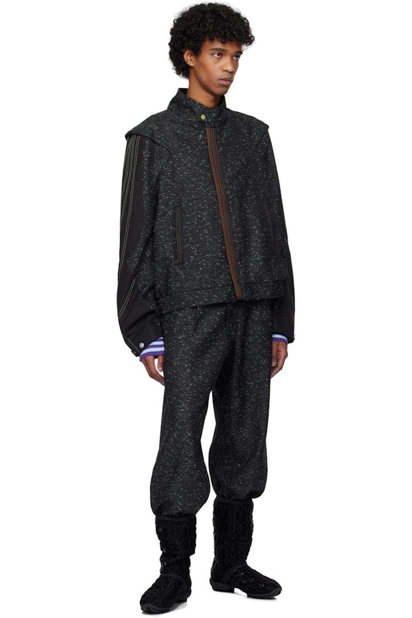 Virgin wool-blend tweed and lyocell-blend barathea jacket.

·� Paneled construction
· Press-stud tab at stand collar
· Concealed zip closure
· Striped grosgrain trim at placket and welt pockets
· Elasticized hem
· Pleat at shoulders
· Press-stud tab at cuffs
· Full satin lining
· Contrast stitching in green

Supplier color: Ash black/Black sable