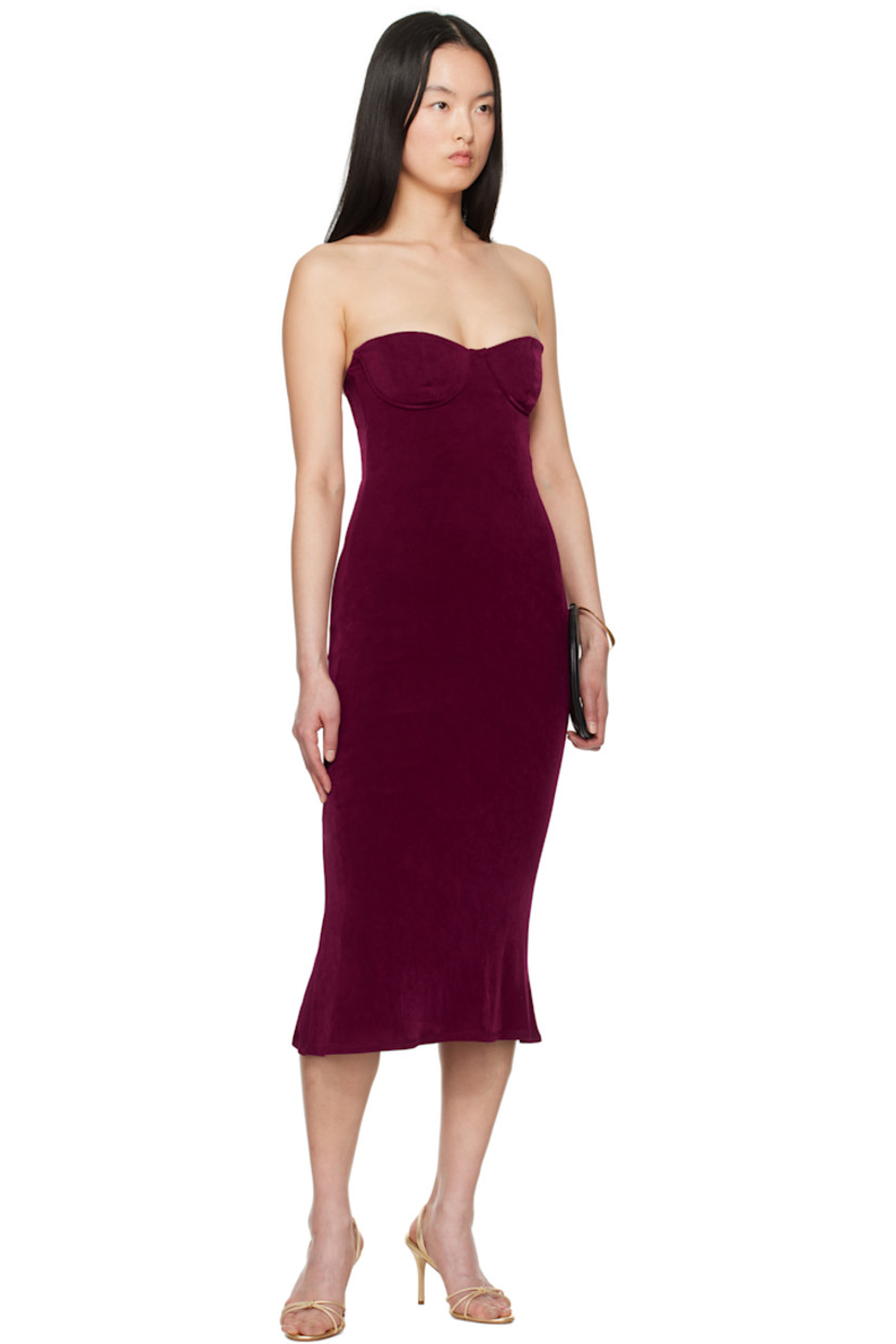 Bias-cut stretch acetate jersey midi dress. 

· Sweetheart neck
· Underwire at cups
· Boning at bodice
· Concealed zip closure at side seam
· Detachable and adjustable spaghetti straps
· Anti-slip silicone trim at back
· Full mesh lining

Supplier color: Sangre