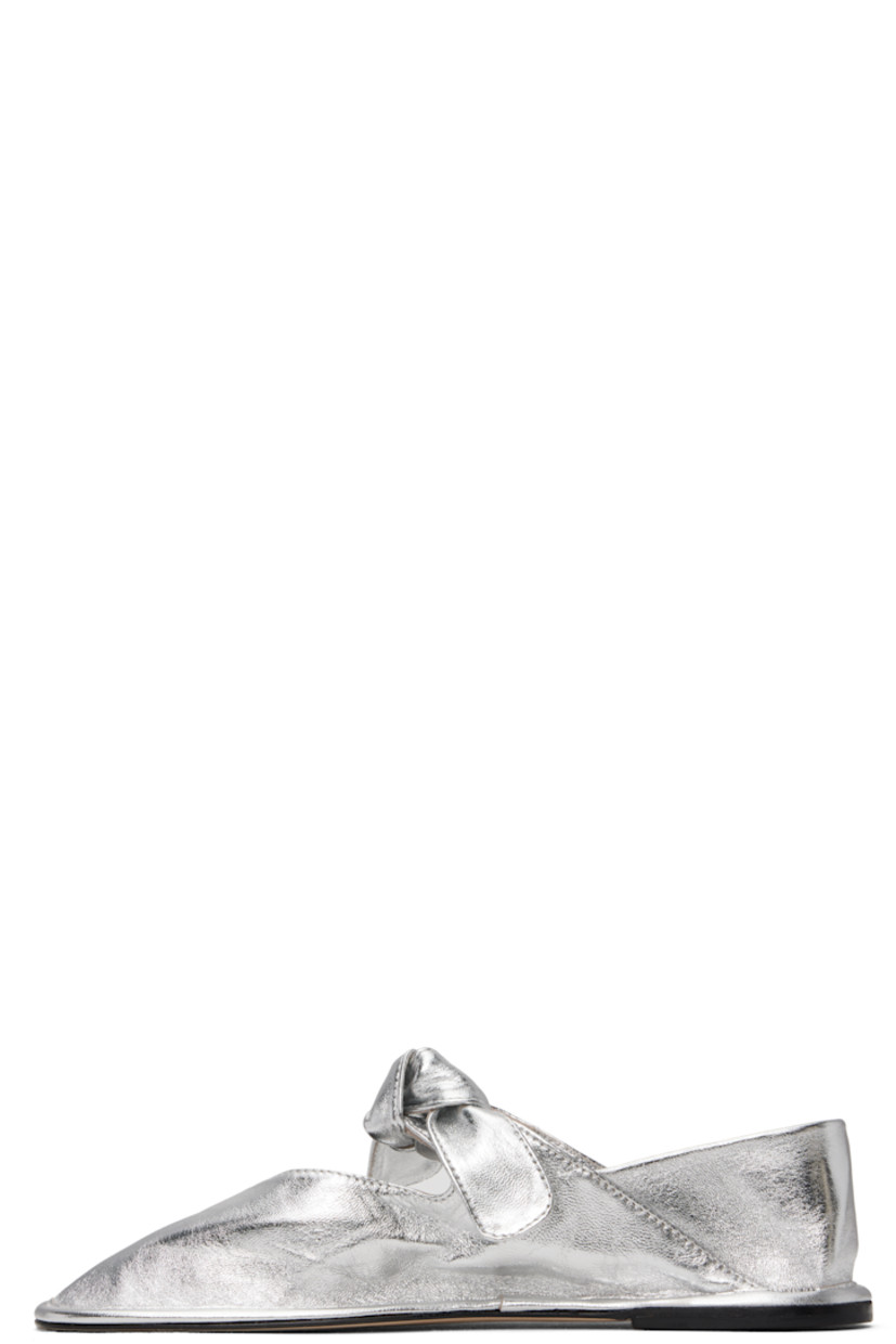 Handcrafted grained lambskin ballerina flats in metallic silver tone.

· Square toe
· Knotted detailing at partially elasticized strap
· Collapsible heel counter
· Calfskin nubuck sole with rubber injection

Supplier color: Light silver