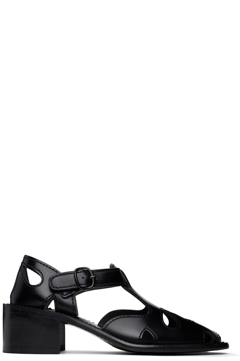 Handcrafted polished calfskin heels in black.

· Cutouts and embroidered detailing throughout
· Pin-buckle ankle strap
· Logo embossed at calfskin footbed
· Stacked calfskin block heel and midsole
· Calfskin sole with rubber injection
· Heel: H2"

Supplier color: Black