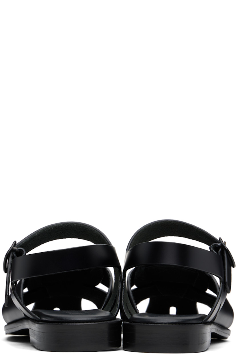 Handcrafted polished calfskin sandals in black.

· Square toe
· Woven straps at vamp
· Pin-buckle ankle strap
· Logo embossed at padded calfskin footbed
· Serrated detailing at welt
· Stacked calfskin heel and midsole
· Calfskin sole with rubber injection

Supplier color: Black
