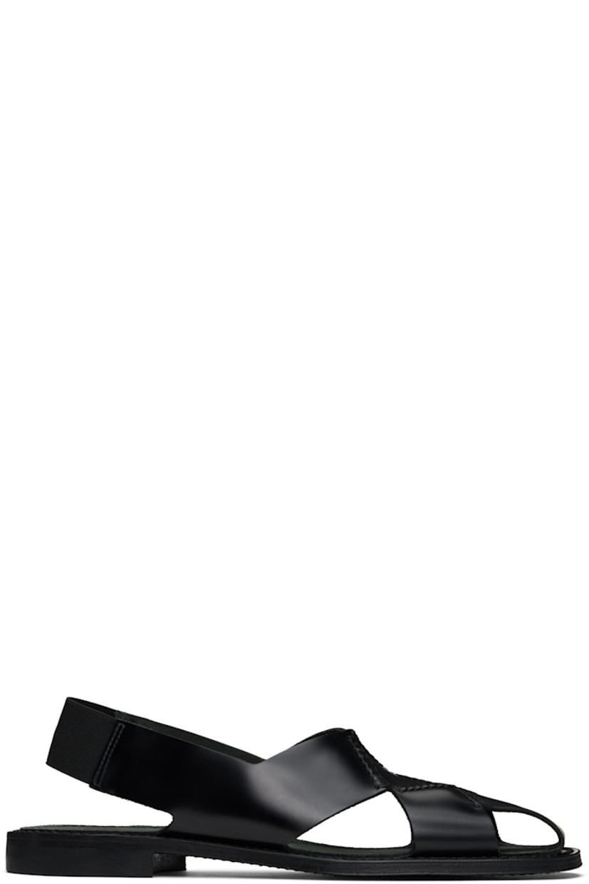 Hand-sewn polished calfskin sandals in black.

· Cutouts at toe and sides
· Square toe
· Elasticized slingback strap
· Suede lining
· Logo embossed at padded footbed
· Stacked leather heel with rubber injection
· Leather sole

Supplier color: Black