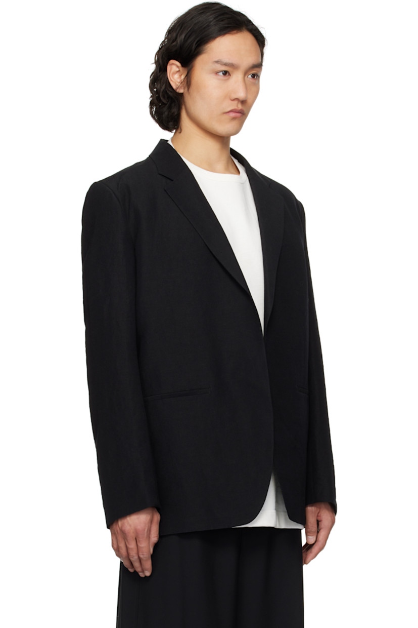 Wool- and linen-blend canvas blazer.

· Notched lapel
· Open front
· Welt pockets
· Padded shoulders
· Logo patch at cuff
· Welt pockets at interior
· Partial satin lining

Part of the N.HOOLYWOOD COMPILE collection.

Supplier color: Black