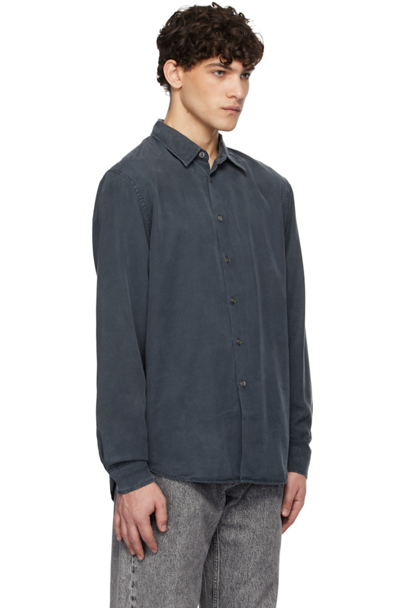 Tencel satin shirt. 

· Spread collar
· Button closure
· Shirttail hem
· Pleated single-button barrel cuffs
· Twin pleats at back yoke

Supplier color: Faded black