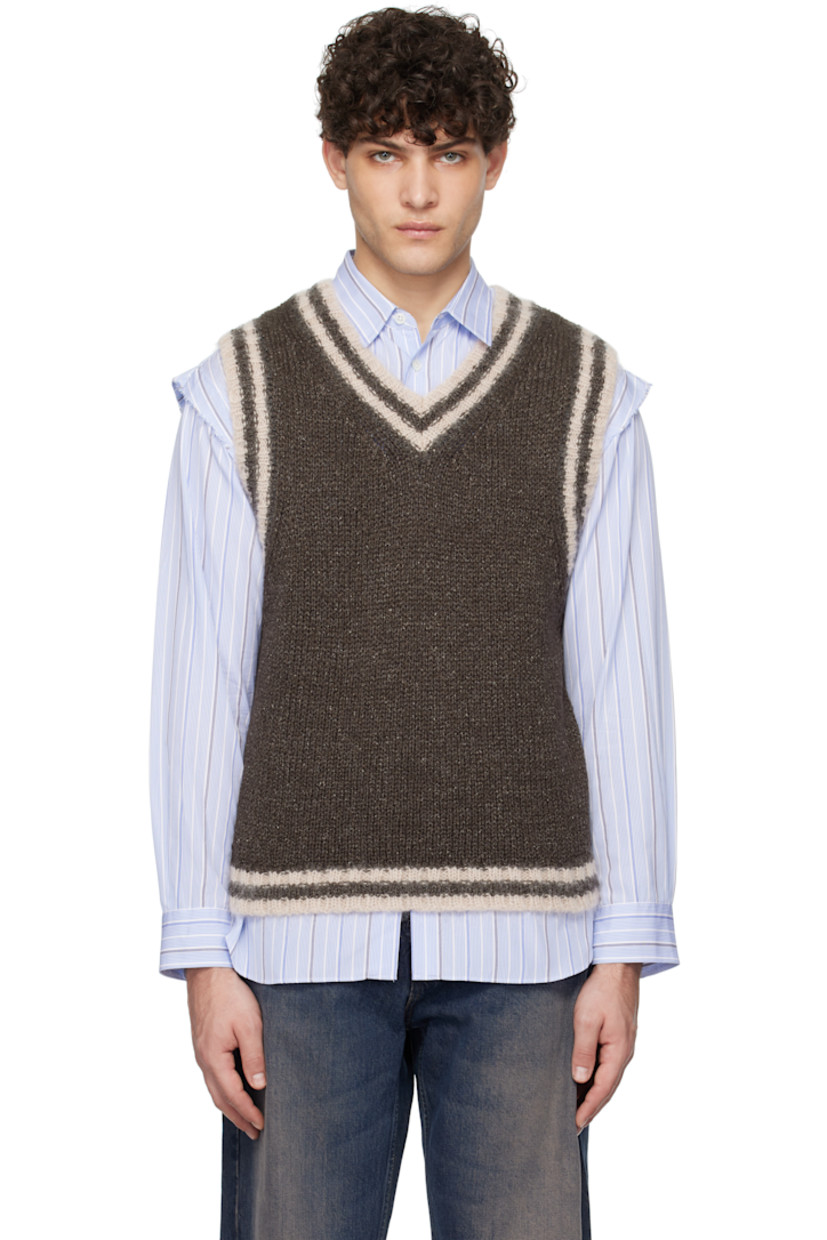 Knit cotton- and linen-blend vest.

· Boxy fit
· Striped V-neck, hem, and armscyes

Supplier color: Dark brown linen