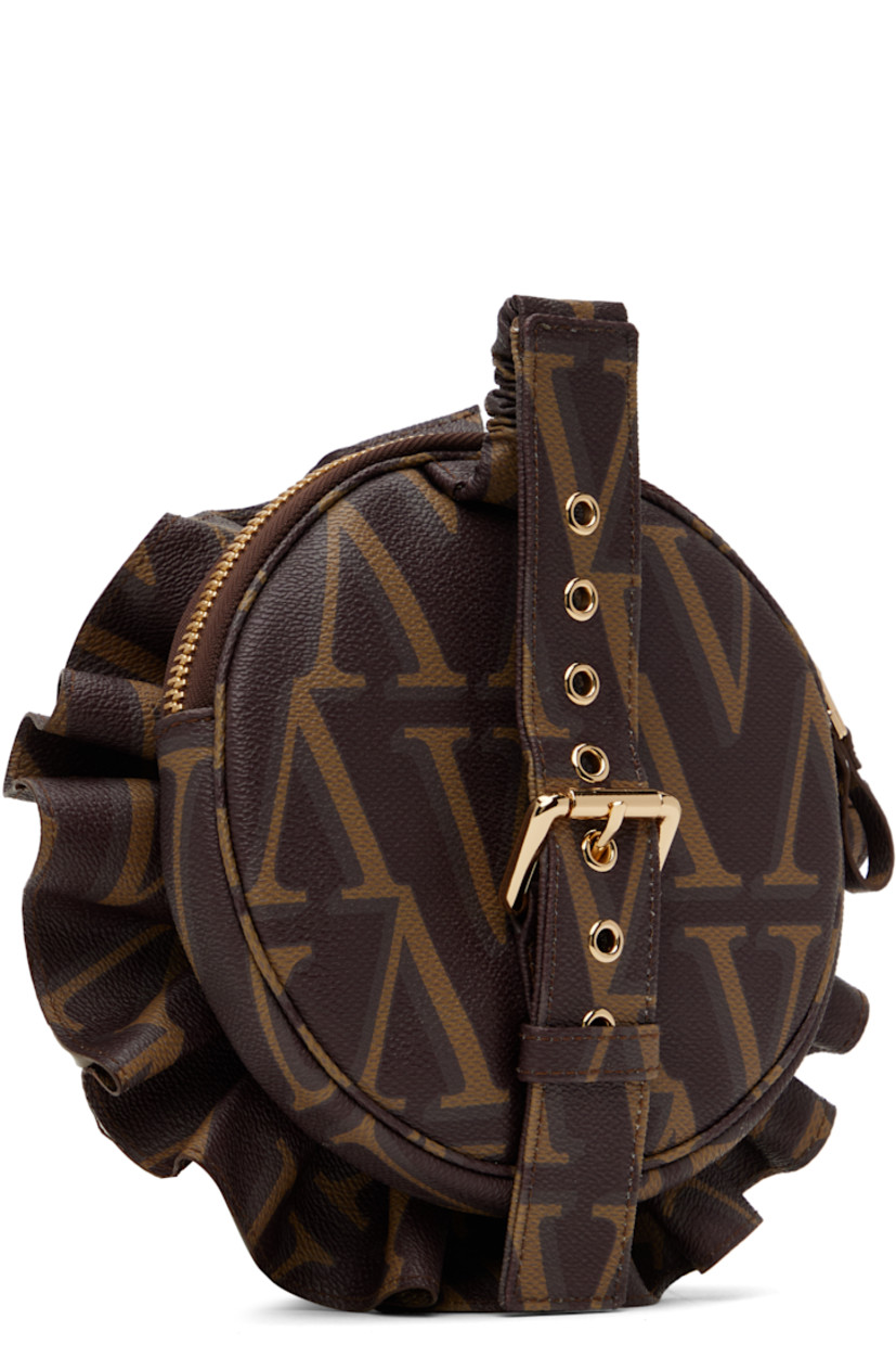 Grained faux-leather pouch in brown.

· Logo pattern printed throughout
· Adjustable and partially elasticized wristlet
· Floral appliqué at face
· Zip closure
· Cotton twill lining
· Gold-tone hardware
· H8" x W8" x D2"

Supplier color: Brown