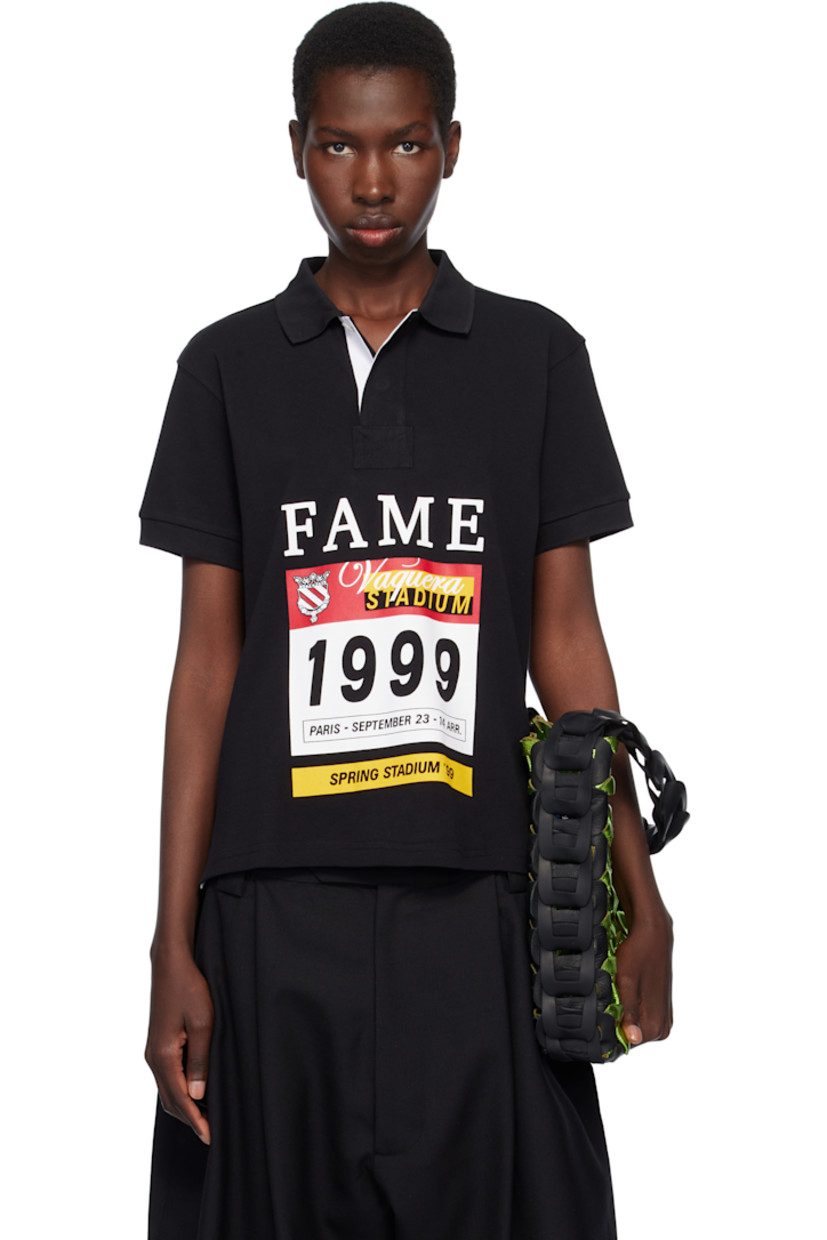 Cotton piqué polo.

· Rib-knit spread collar and cuffs
· Partially concealed two-button placket
· Text and logo graphic printed at front
· Tennis-tail hem
· Metal eyelets at sides

Supplier color: Black