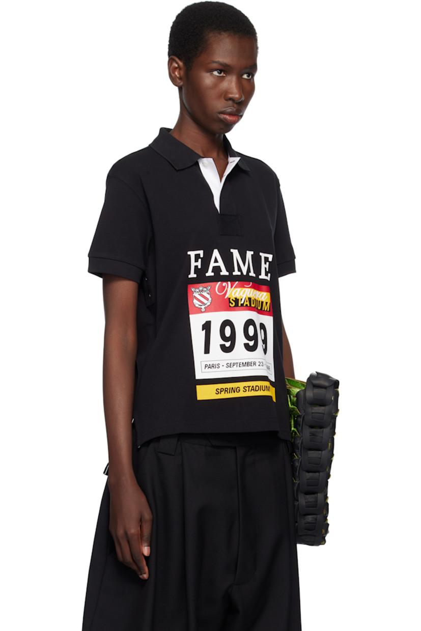 Cotton piqué polo.

· Rib-knit spread collar and cuffs
· Partially concealed two-button placket
· Text and logo graphic printed at front
· Tennis-tail hem
· Metal eyelets at sides

Supplier color: Black