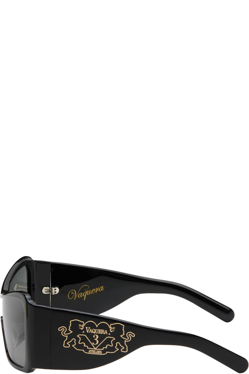Shield-style acetate-frame sunglasses in black.

· Handcrafted
· Gray lens
· Integrated nose pads
· Inset logo hardware at temples
· Gold-tone hardware
· Includes case 
· Size: 137. 142 

Supplier color: Black