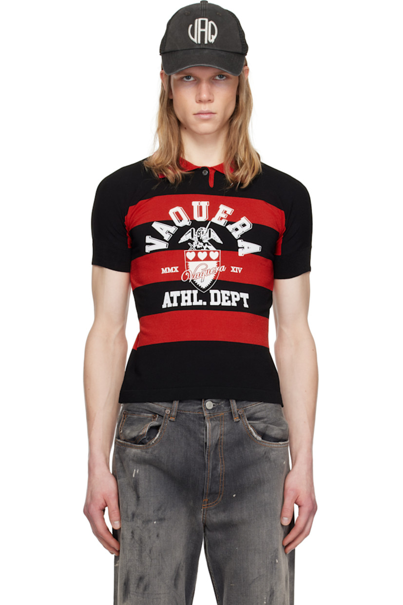 Knit viscose-blend polo. Stripe pattern throughout. 

· Rib-knit spread collar and cuffs
· Single-button placket
· Logo graphic printed at front
· Cropped hem 

Supplier color: Black/Red